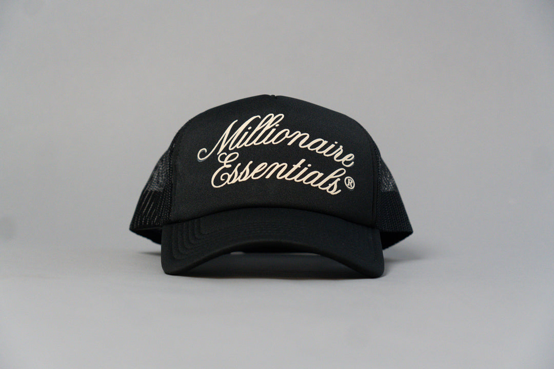 Luxury Script Millionaire Essentials Black Trucker Hat